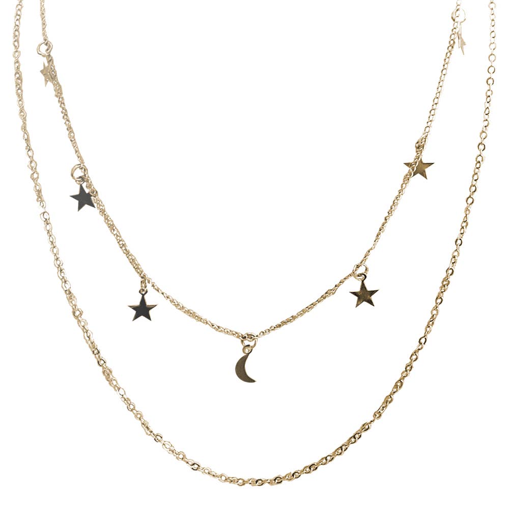 Two chain gold necklace with star and moon pendants on a white background