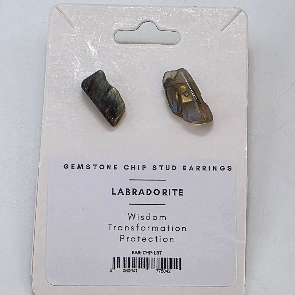 Two labradorite stones on a white card with product details.
