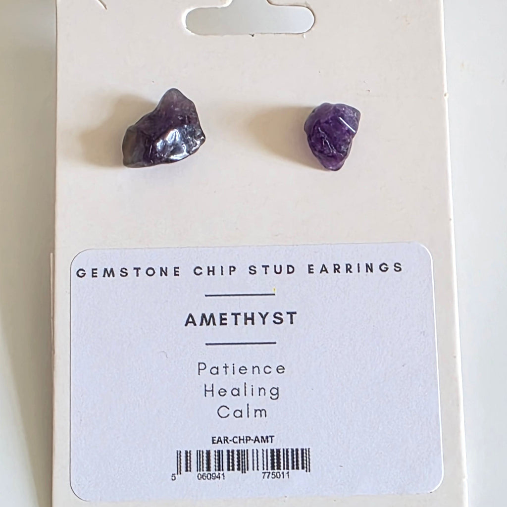 Amethyst earrings on a white card with product details on a white background