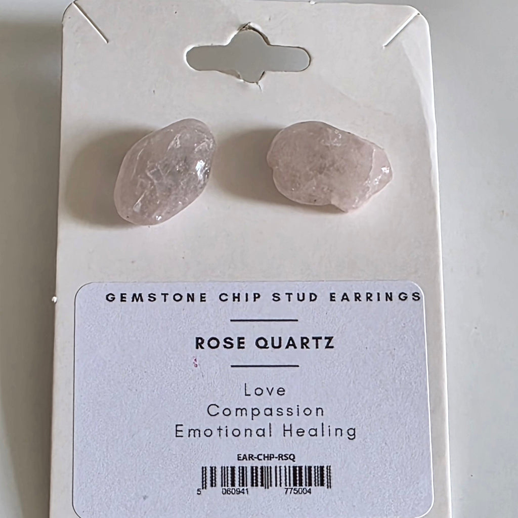 Two rose quartz earrings on a white card with text on a light gray background