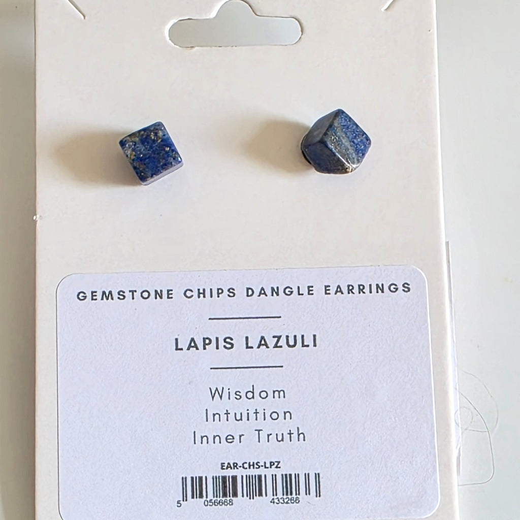 Two Lapiz Earrings on a white card with text on a white background