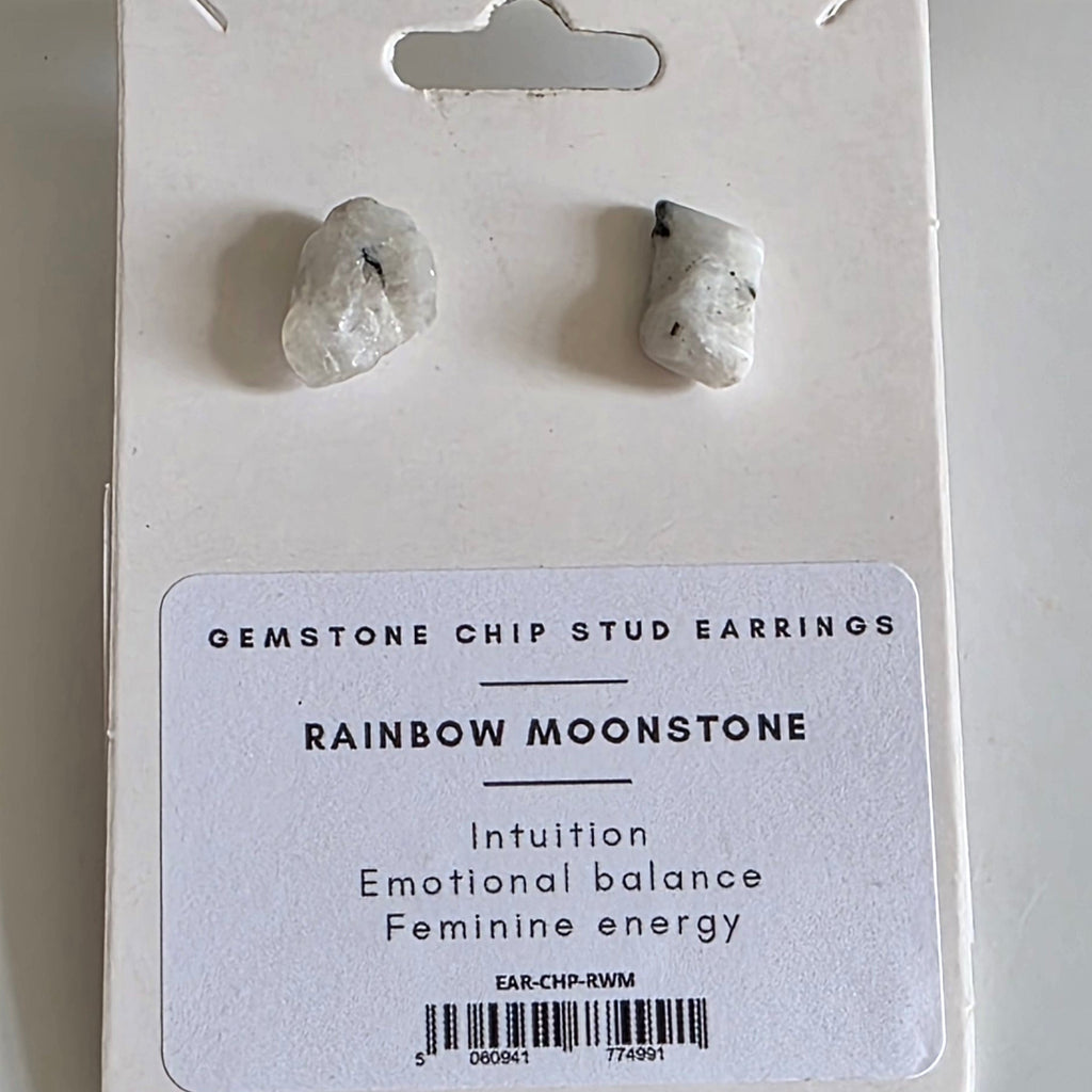 Pair of rainbow moonstone earrings on a white card with product details.