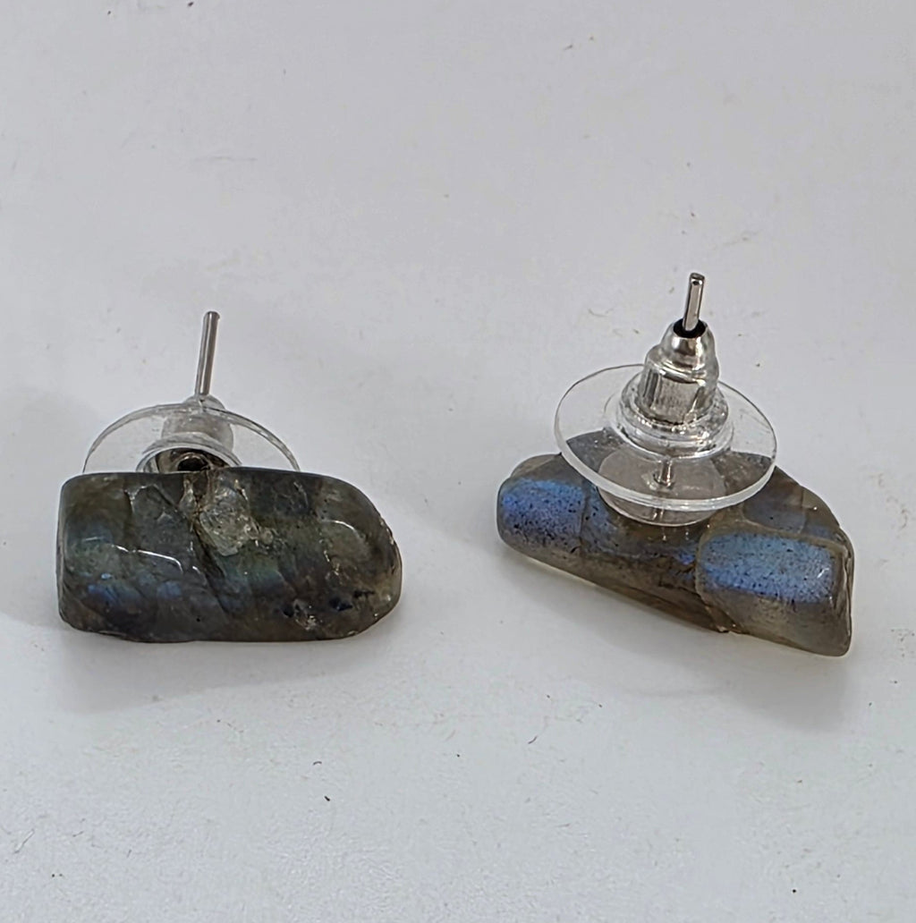 Two Labradorite earrings on a white background
