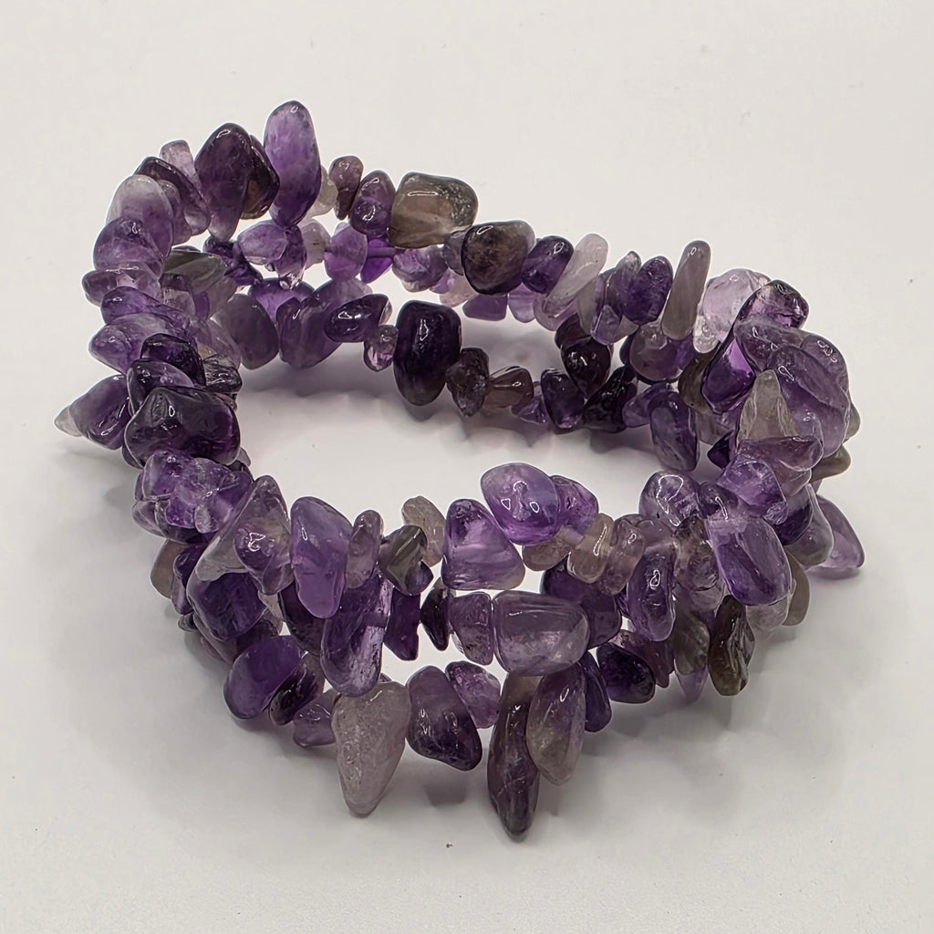 3 Amethyst chip bracelets on white background – natural purple gemstone chips for calm and intuition