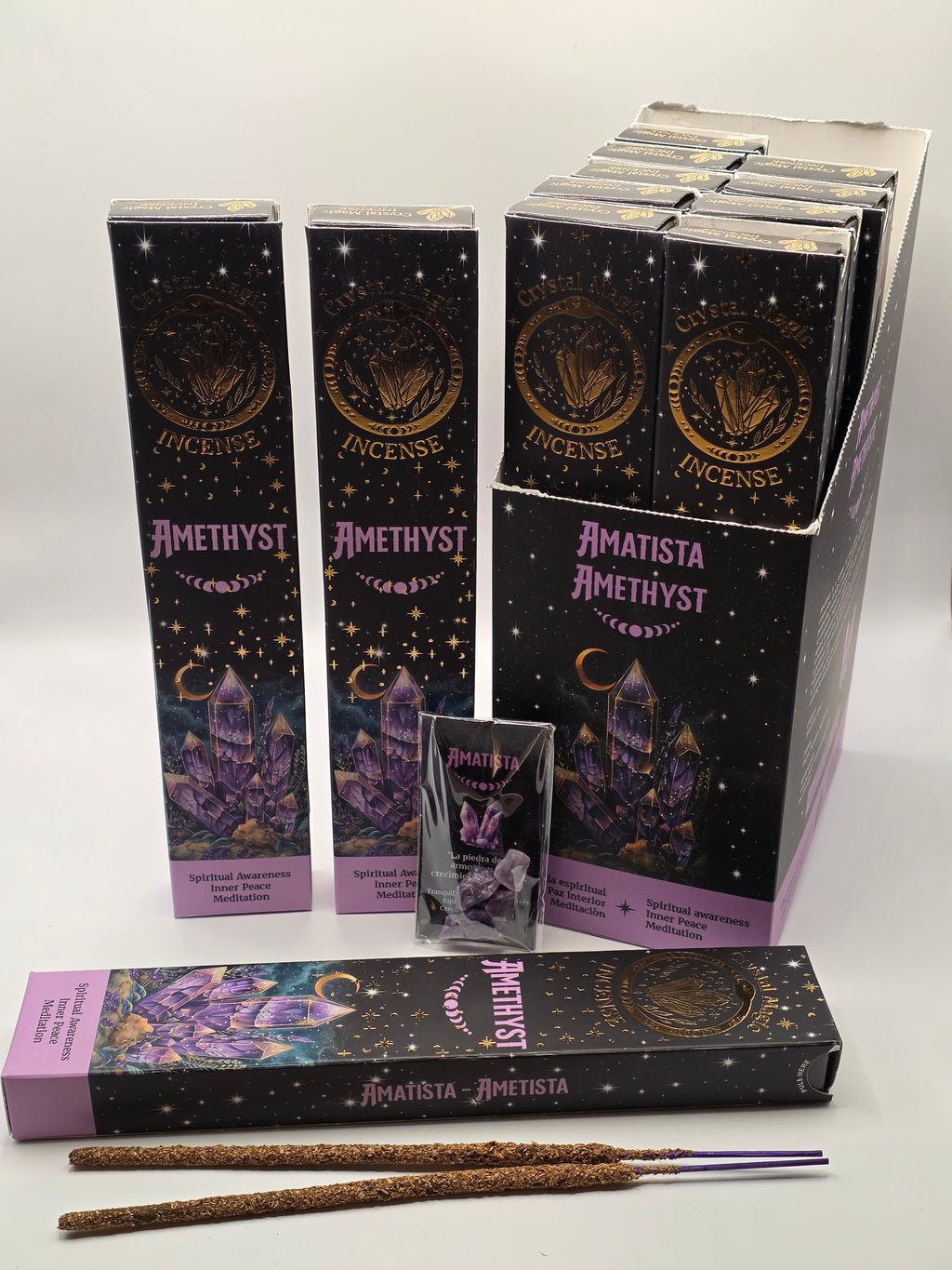 Amethyst incense crystal magic range full set – incense sticks, mini crystals, and information card