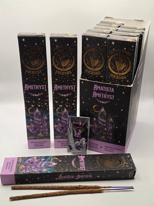 Amethyst incense crystal magic range full set – incense sticks, mini crystals, and information card
