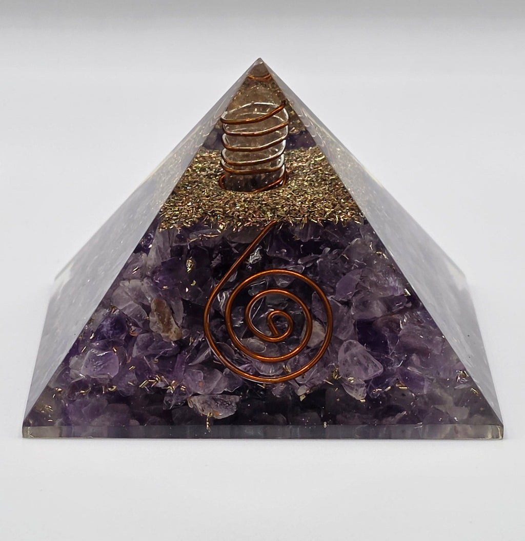 Amethyst orgonite pyramid 60mm front view – purple crystal pyramid