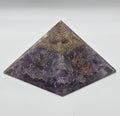 Amethyst orgonite pyramid 60mm on white background – purple crystal pyramid for calm and EMF protection