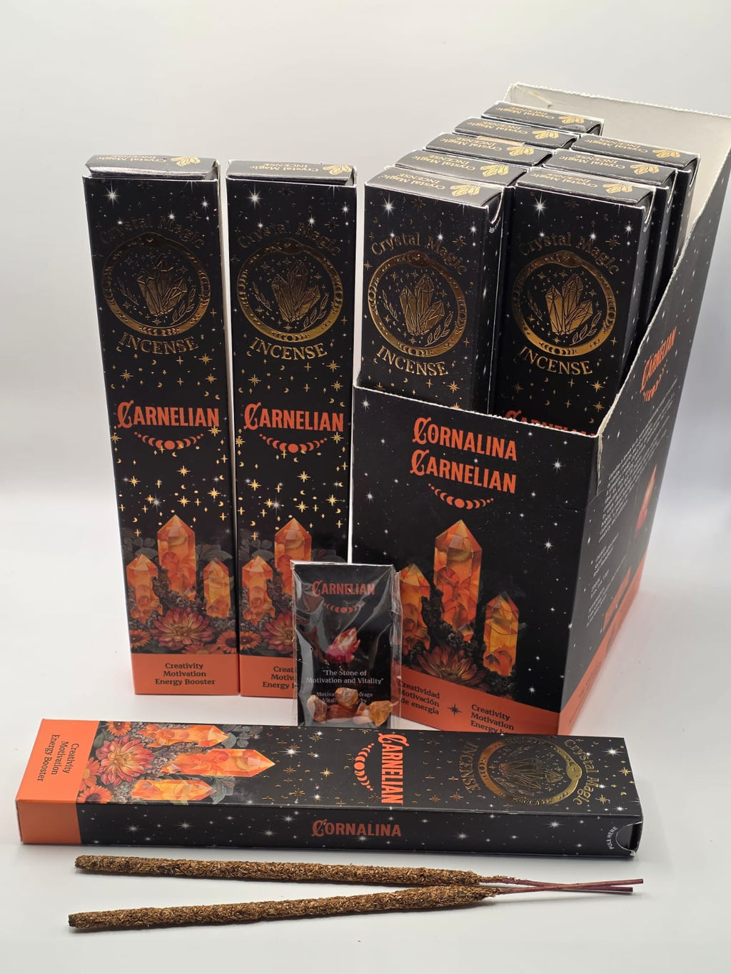 Carnelian incense crystal magic range full set – incense sticks, mini crystals, and information card