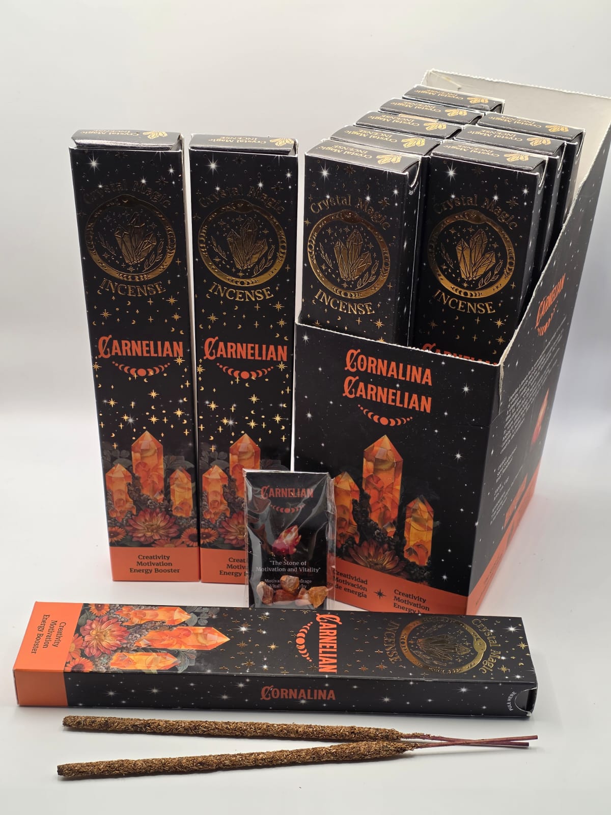 Carnelian incense crystal magic range full set – incense sticks, mini crystals, and information card