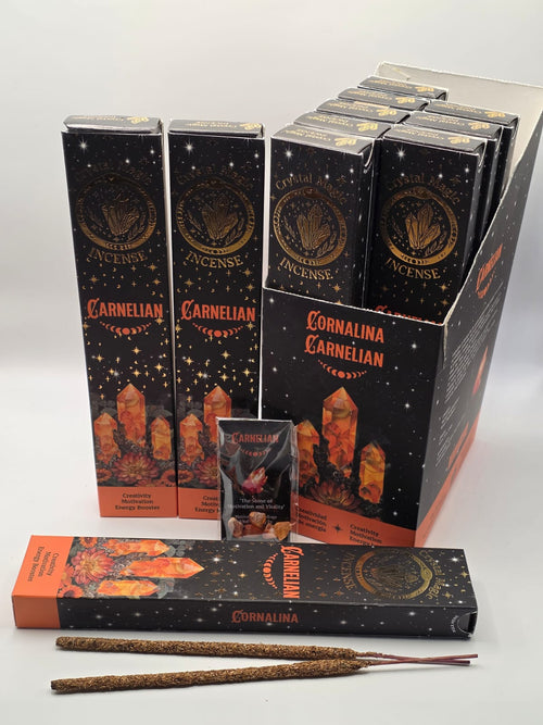 Carnelian incense crystal magic range full set – incense sticks, mini crystals, and information card