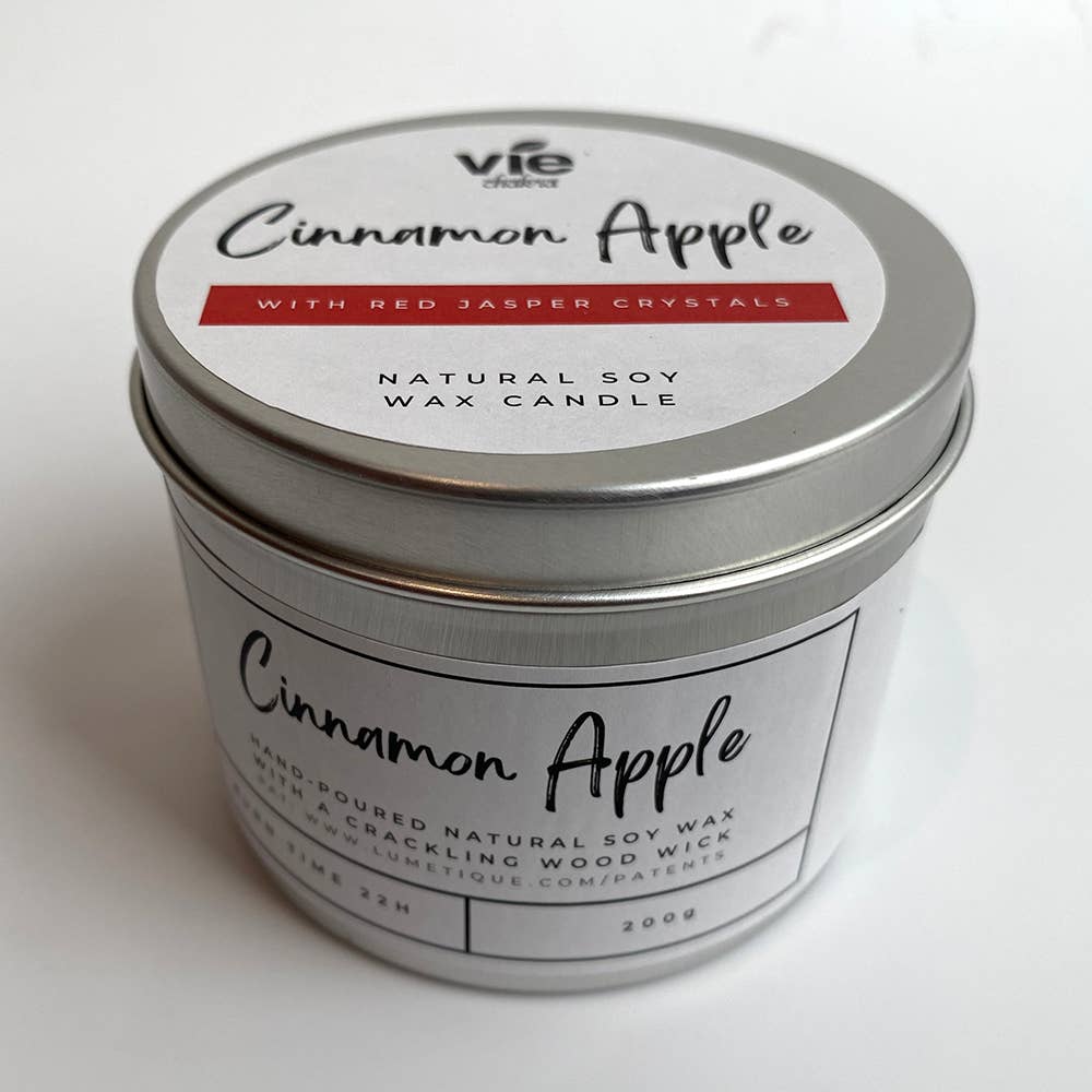 Cinnamon apple candle in sleek aluminium tin with lid closed