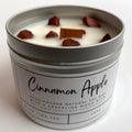 Hand-poured cinnamon apple soy wax candle with red jasper crystals and wood wick in aluminium tin