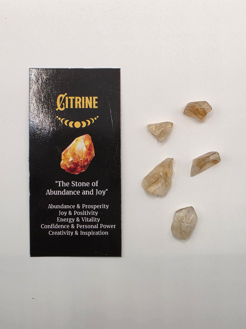 Mini citrine crystals and information card included with the incense – small tumbled stones for abundance and manifestation