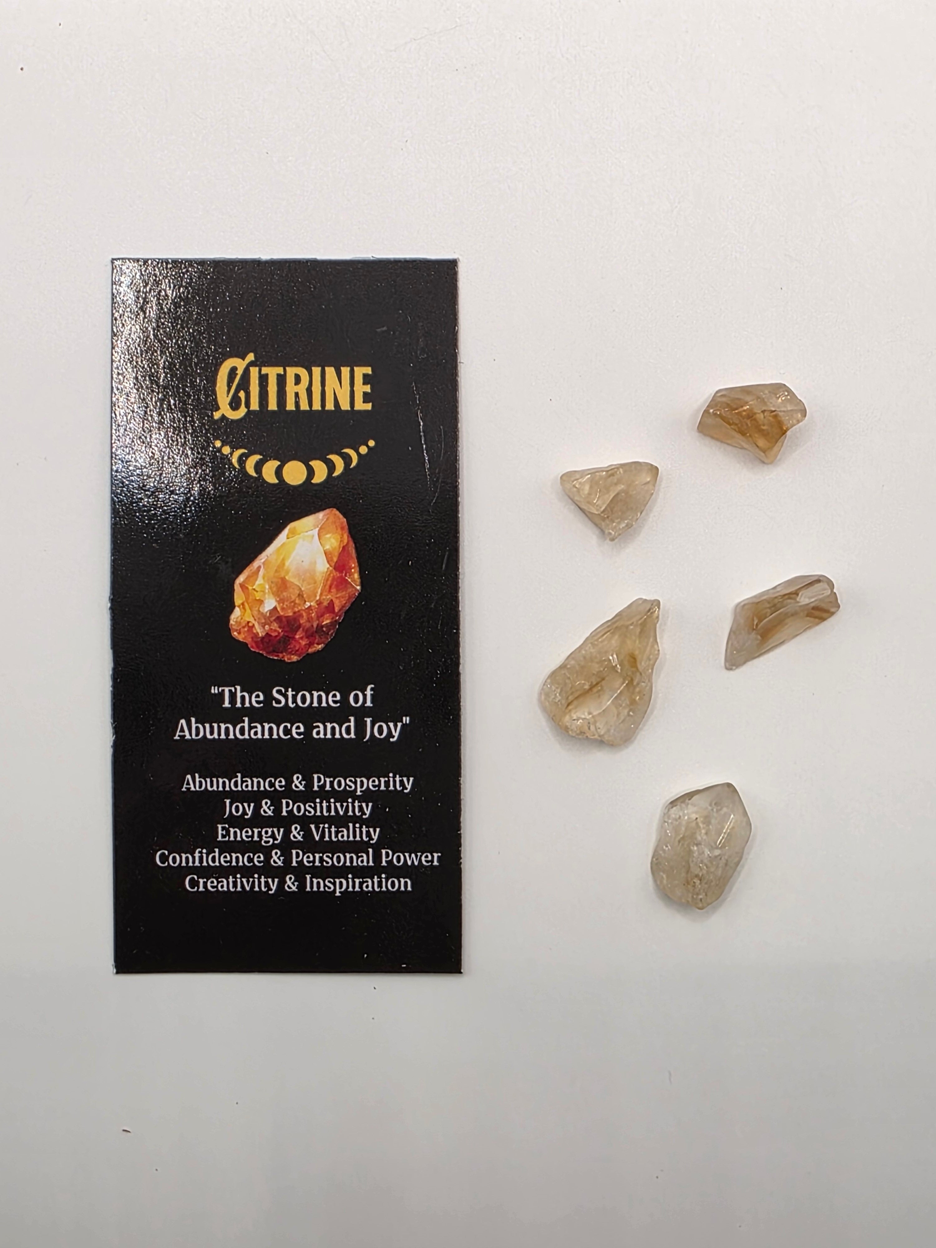 Mini citrine crystals and information card included with the incense – small tumbled stones for abundance and manifestation