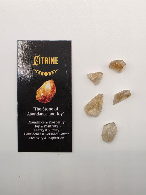 Mini citrine crystals and information card included with the incense – small tumbled stones for abundance and manifestation