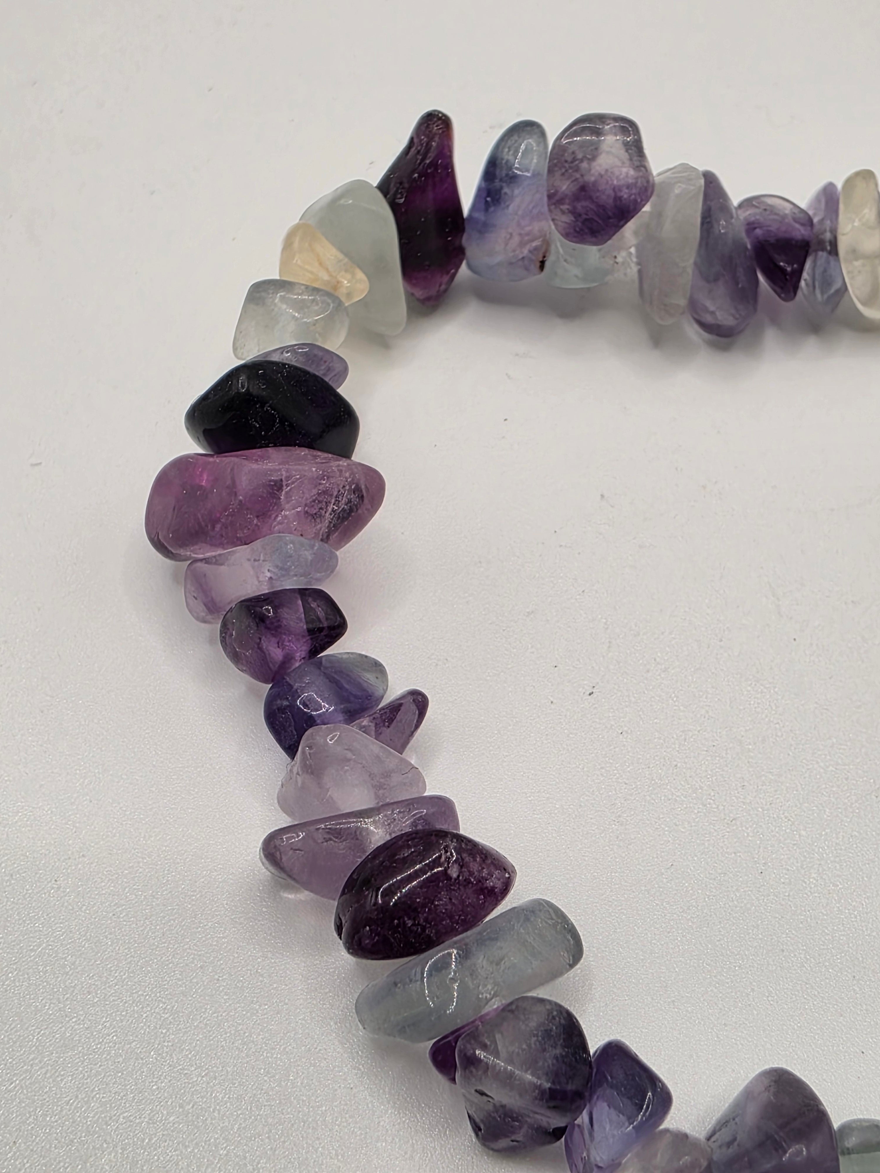 Close up of fluorite chips showing purple, green, and clear banding – natural rainbow fluorite stone variations