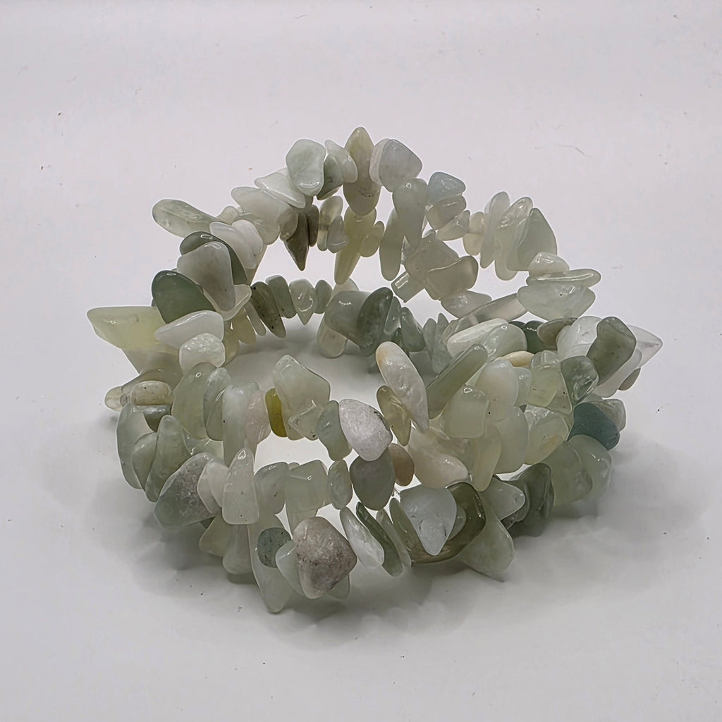 3 Jade chip bracelets on white background – natural green gemstone chips for good luck and harmony