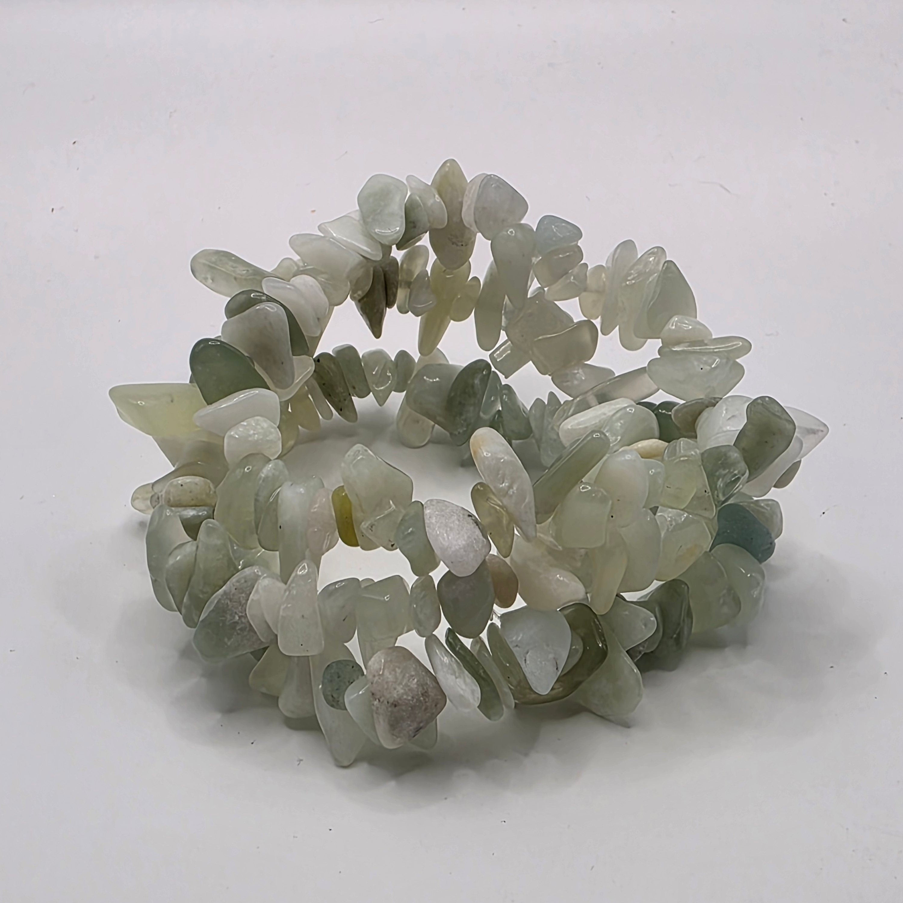 3 Jade chip bracelets on white background – natural green gemstone chips for good luck and harmony