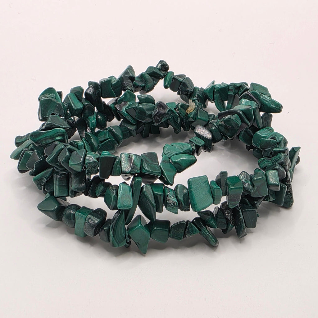 3 Malachite chip bracelets on white background – natural green gemstone chips with rich banding and swirls
