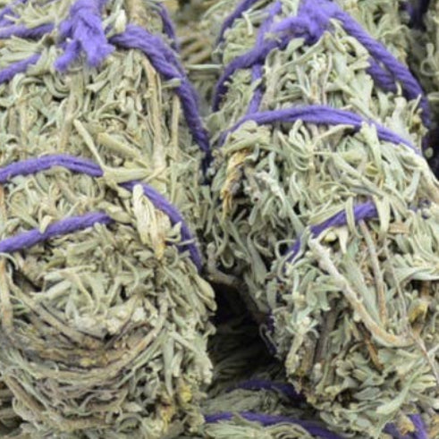 Close up of mini desert sage smudge sticks showing natural dried sage leaves and binding twine