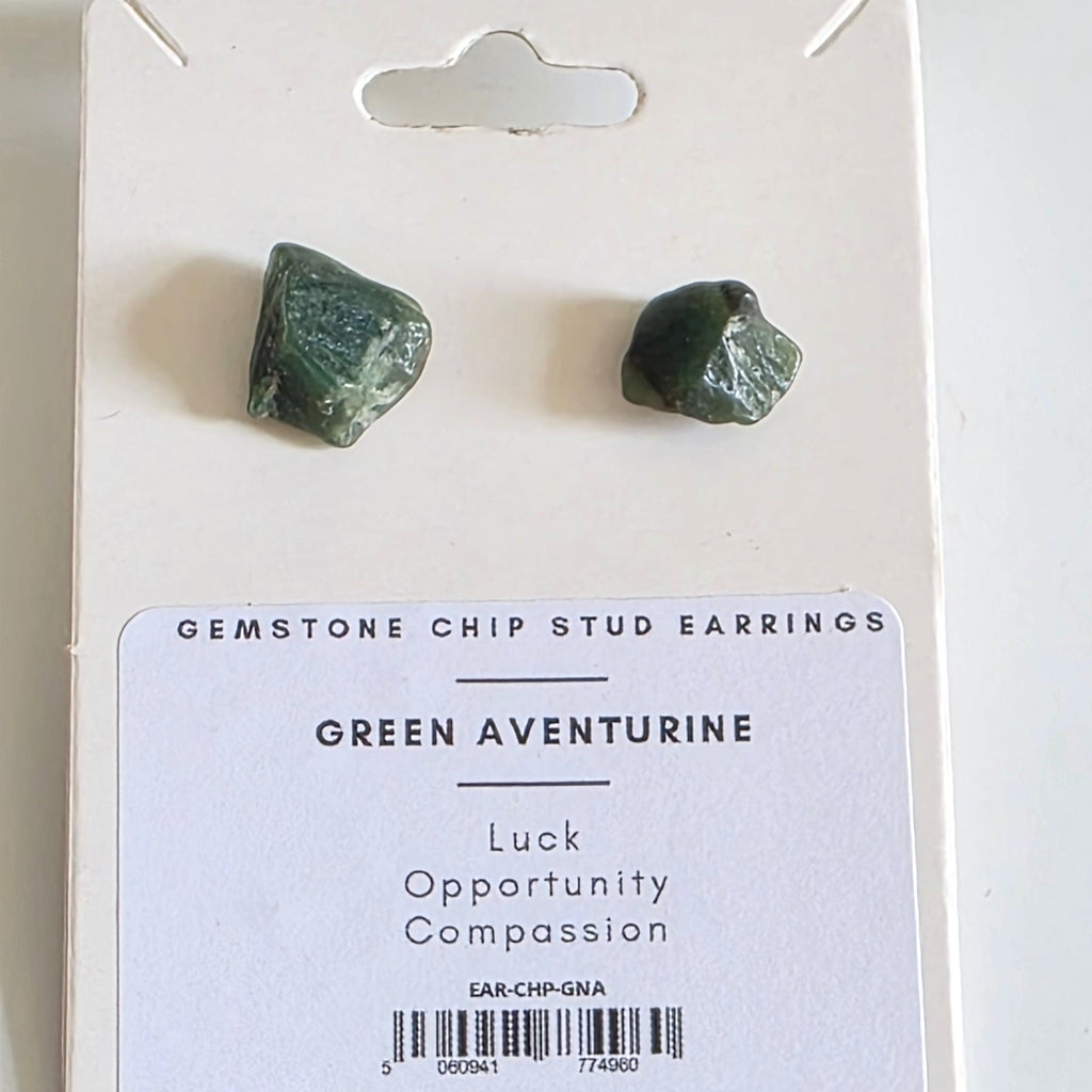 Green aventurine gemstones on a card with branding details on a white background