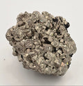 Natural pyrite chispa cluster weighing 225 grams showing metallic gold-silver cubic crystal formations on white background