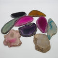 Group of rainbow agate slices showing variety of colours and shapes – mystery assortment