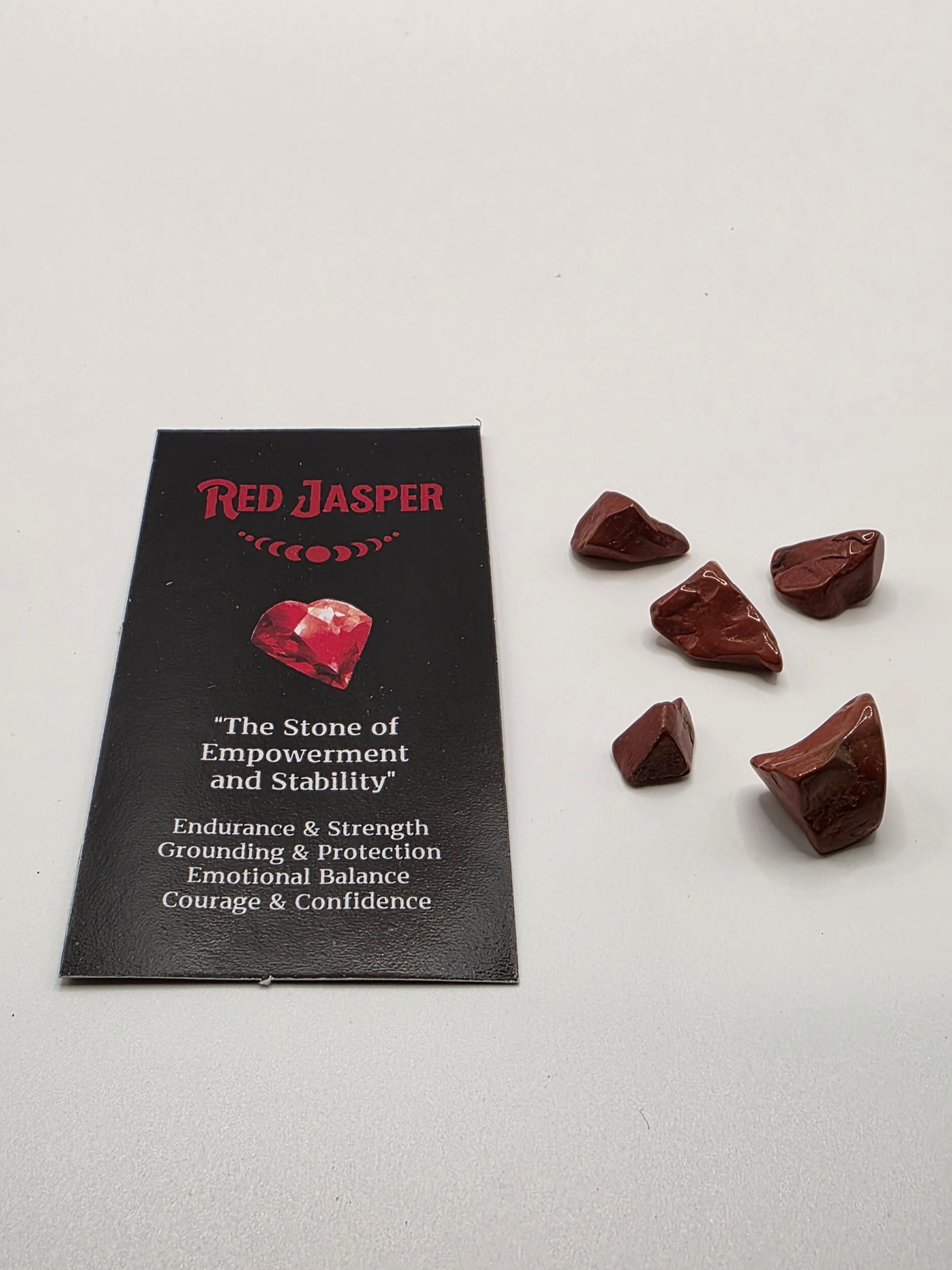 Mini red jasper crystals and card included with the incense – small tumbled stones for grounding and stability