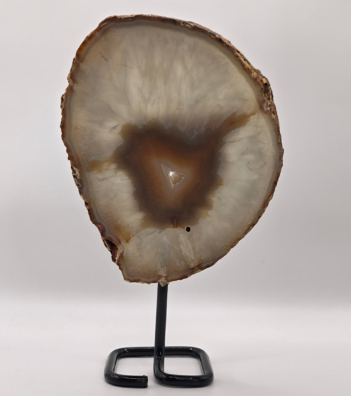 A polished agate geode slice with a brown and cream interior, displayed on a black metal stand against a plain white studio background.