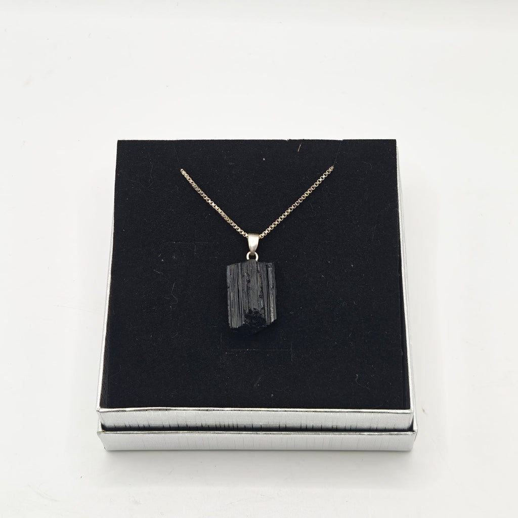 Raw Black Tourmaline Pendant – Silver Plated Chain