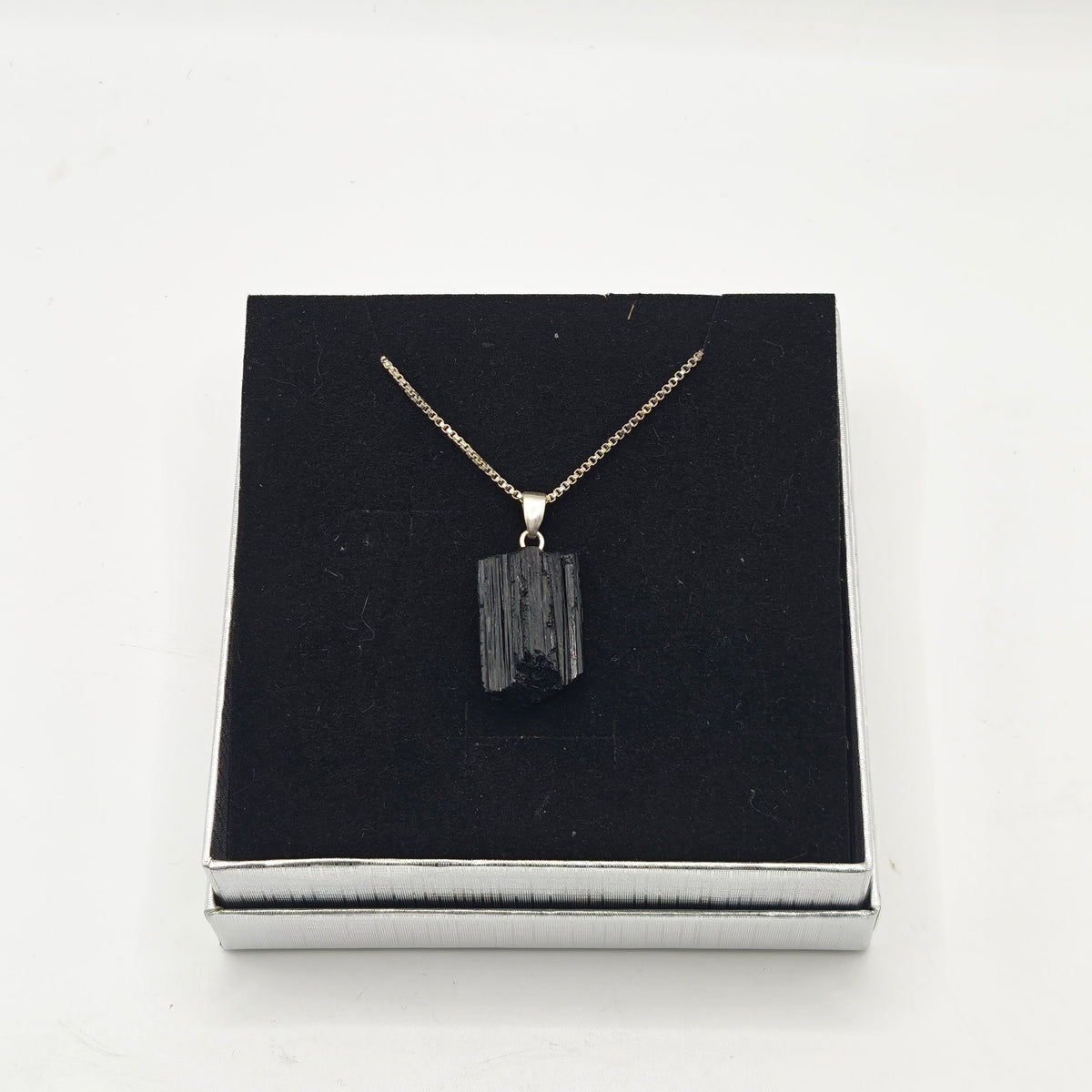 Raw Black Tourmaline Pendant – Silver Plated Chain