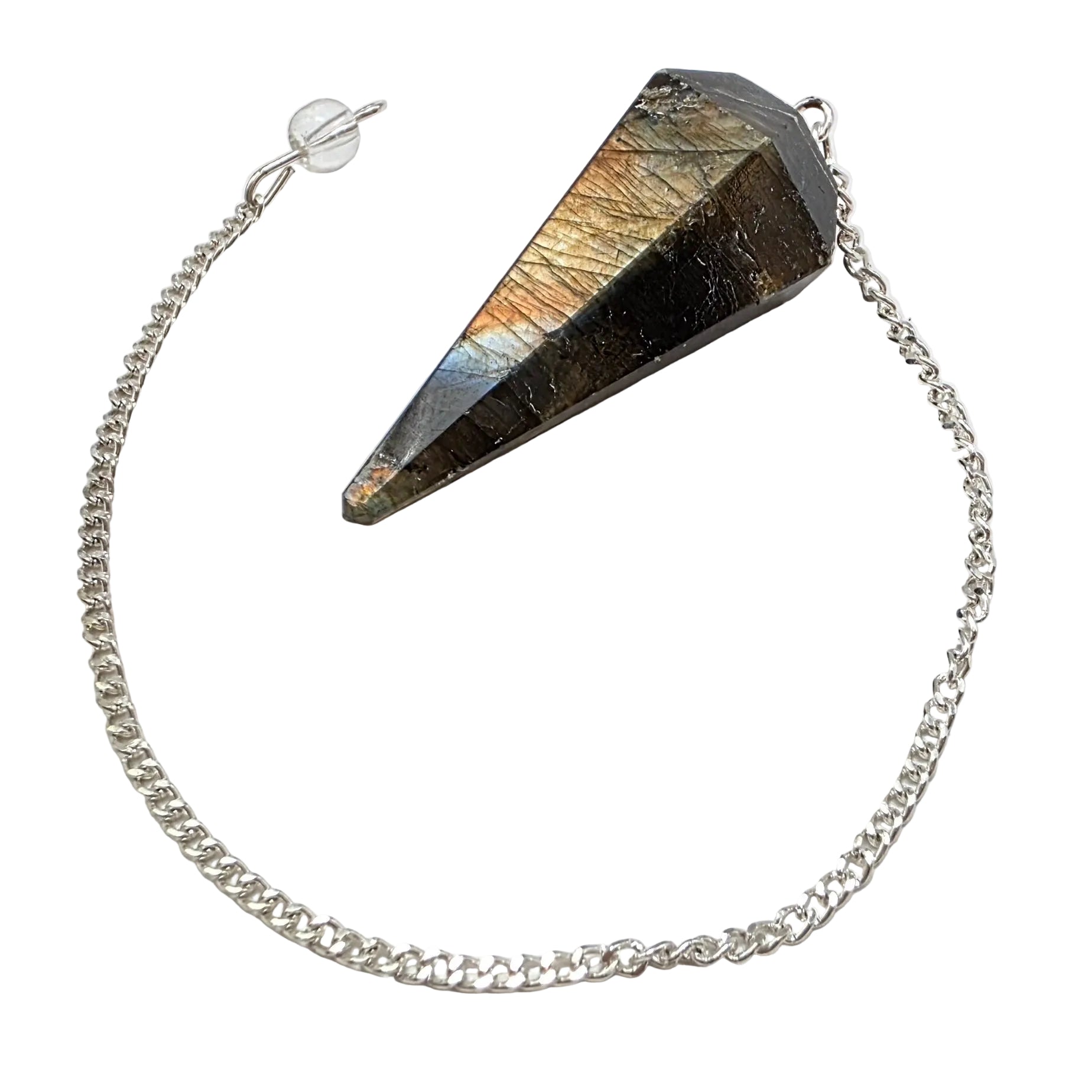 Labradorite Pendulum – 6-Sided Faceted Dowser – Magic & Transformation – Silver Chain