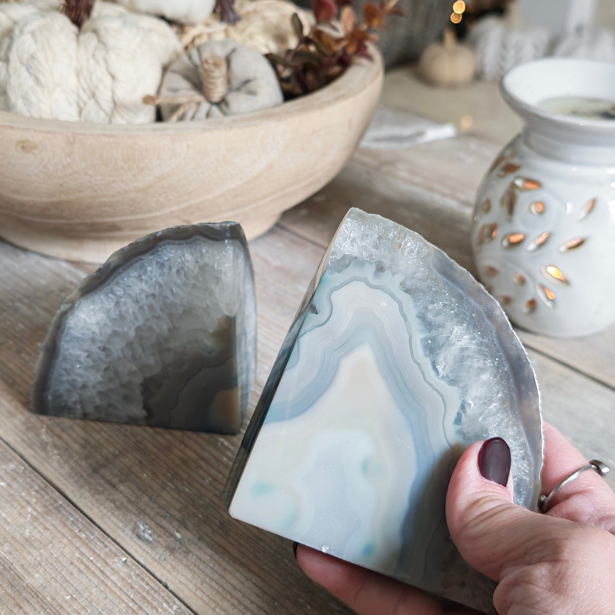 Blue & Cream Agate Bookends – 1.1kg Natural Pair