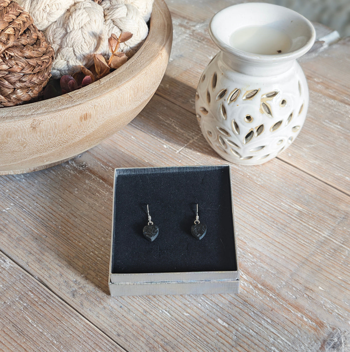 Black Tourmaline Heart Earrings – 925 Silver Dangle