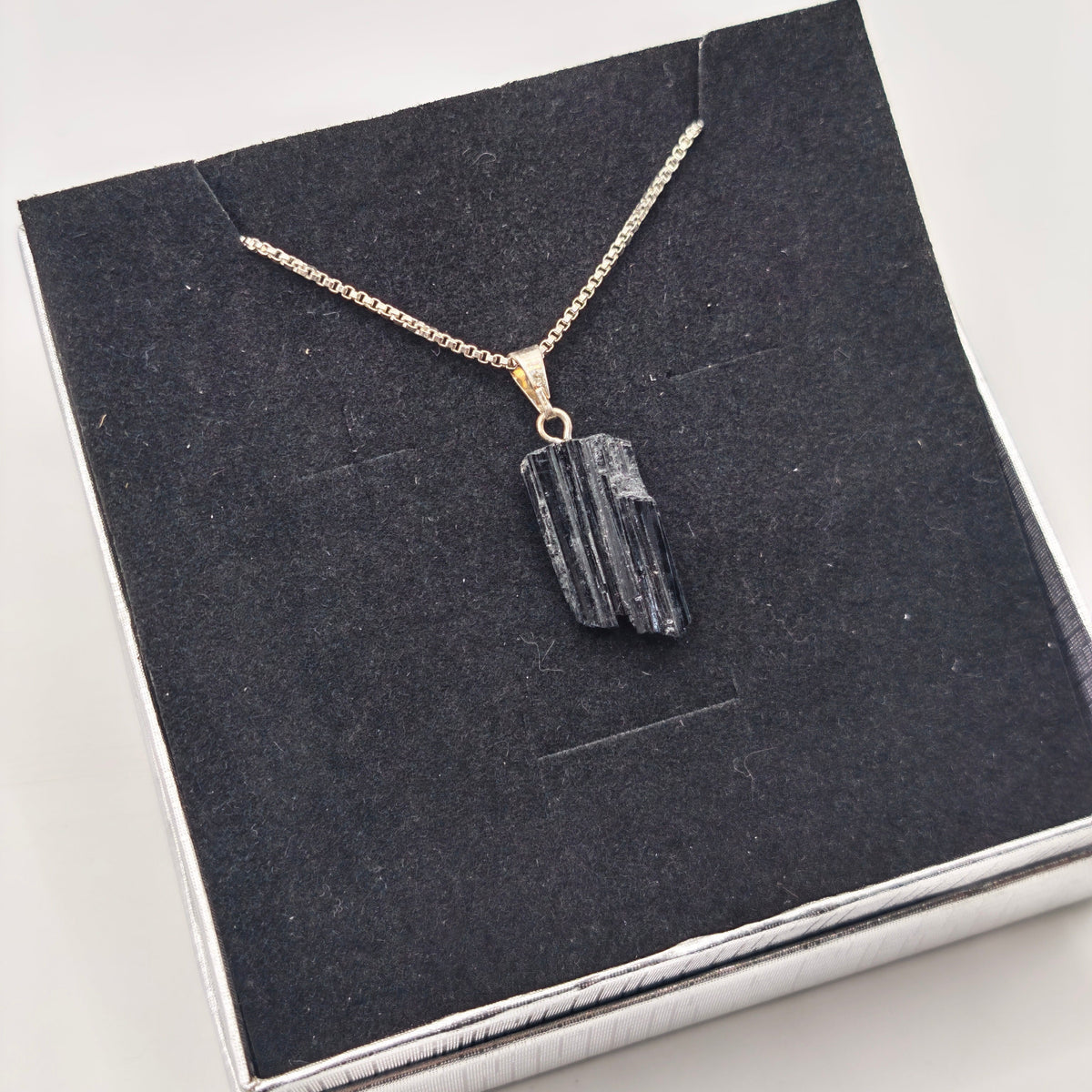 Raw Black Tourmaline Pendant – Silver Plated Chain