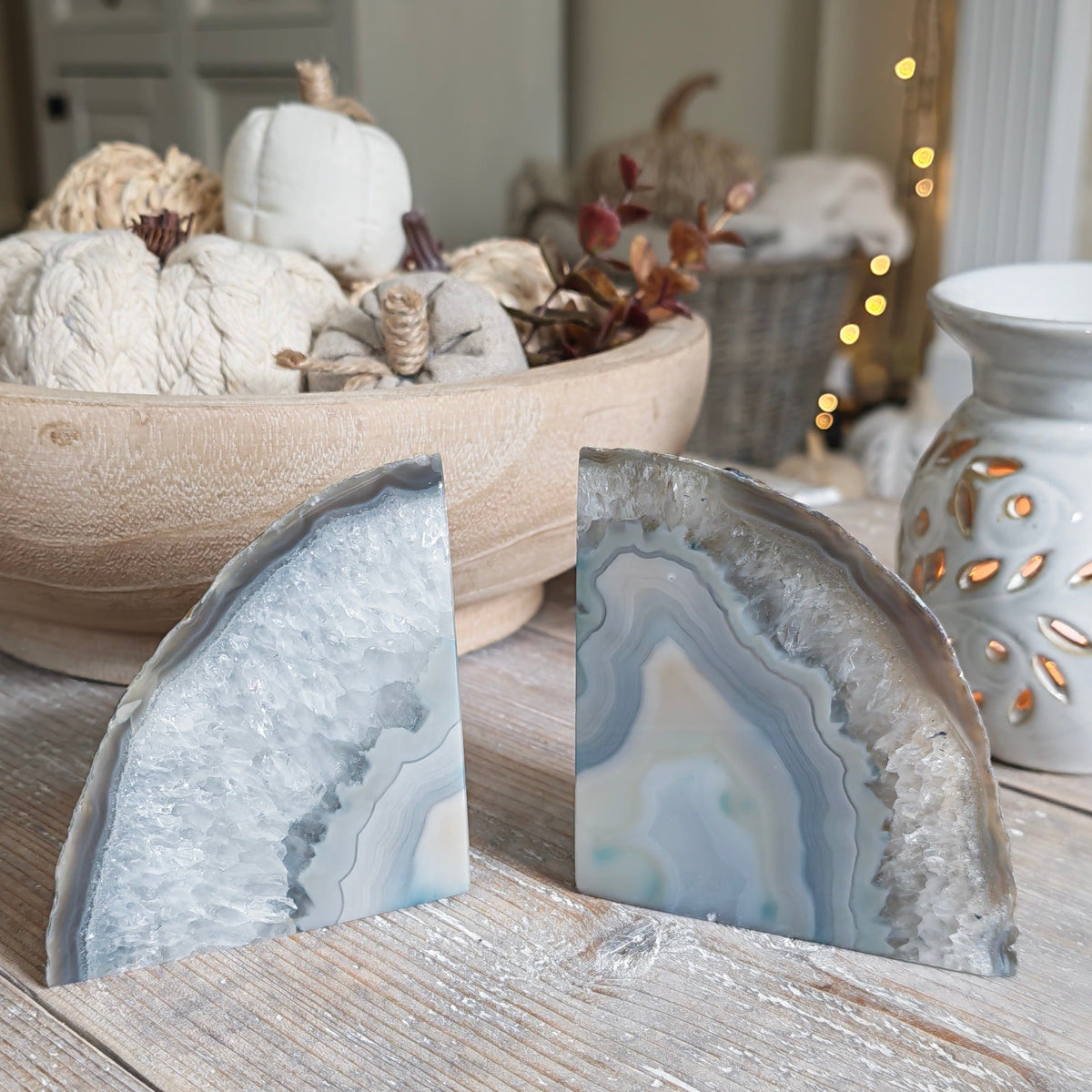 Blue & Cream Agate Bookends – 1.1kg Natural Pair