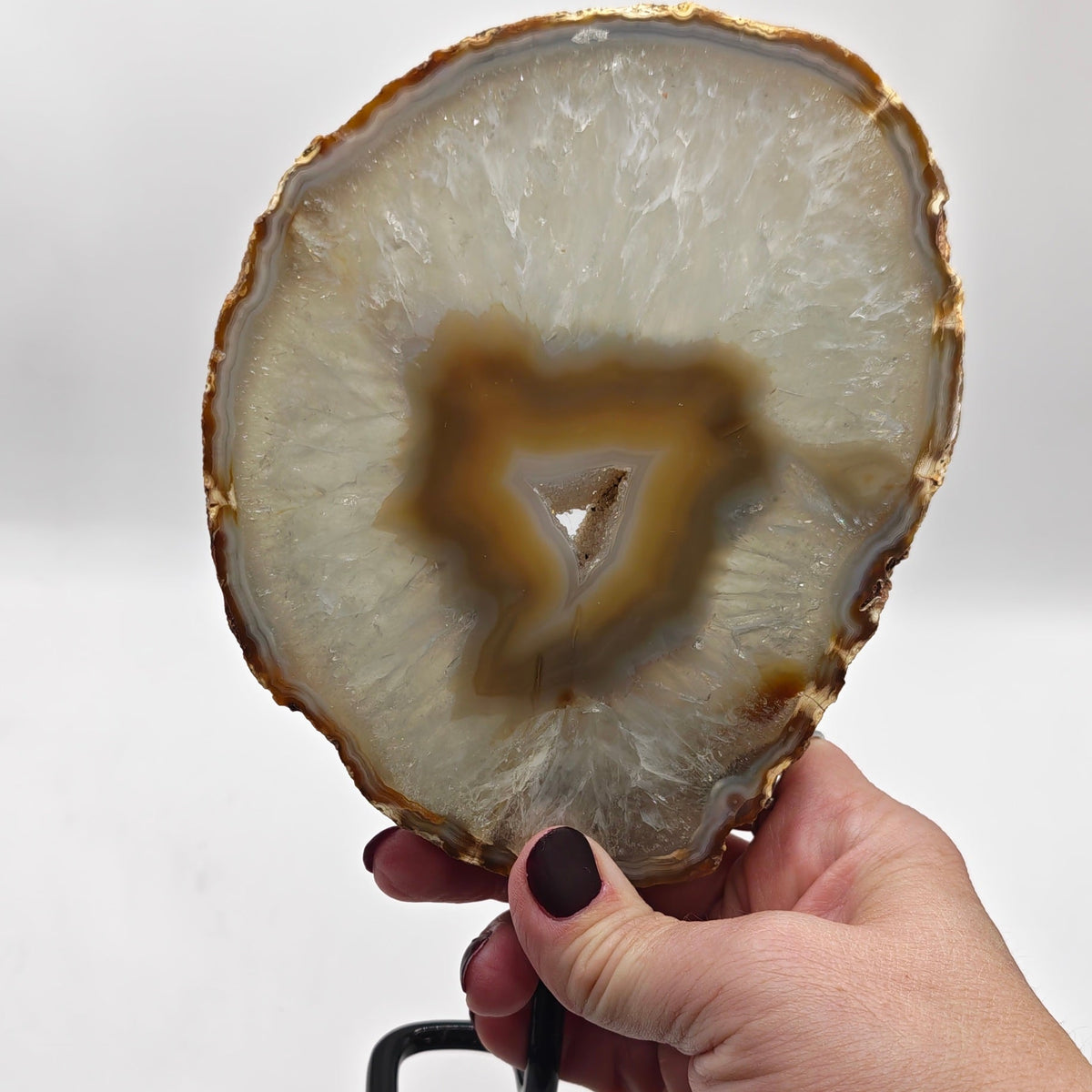 A hand holding a polished agate slice on a black metal base against a plain white background.