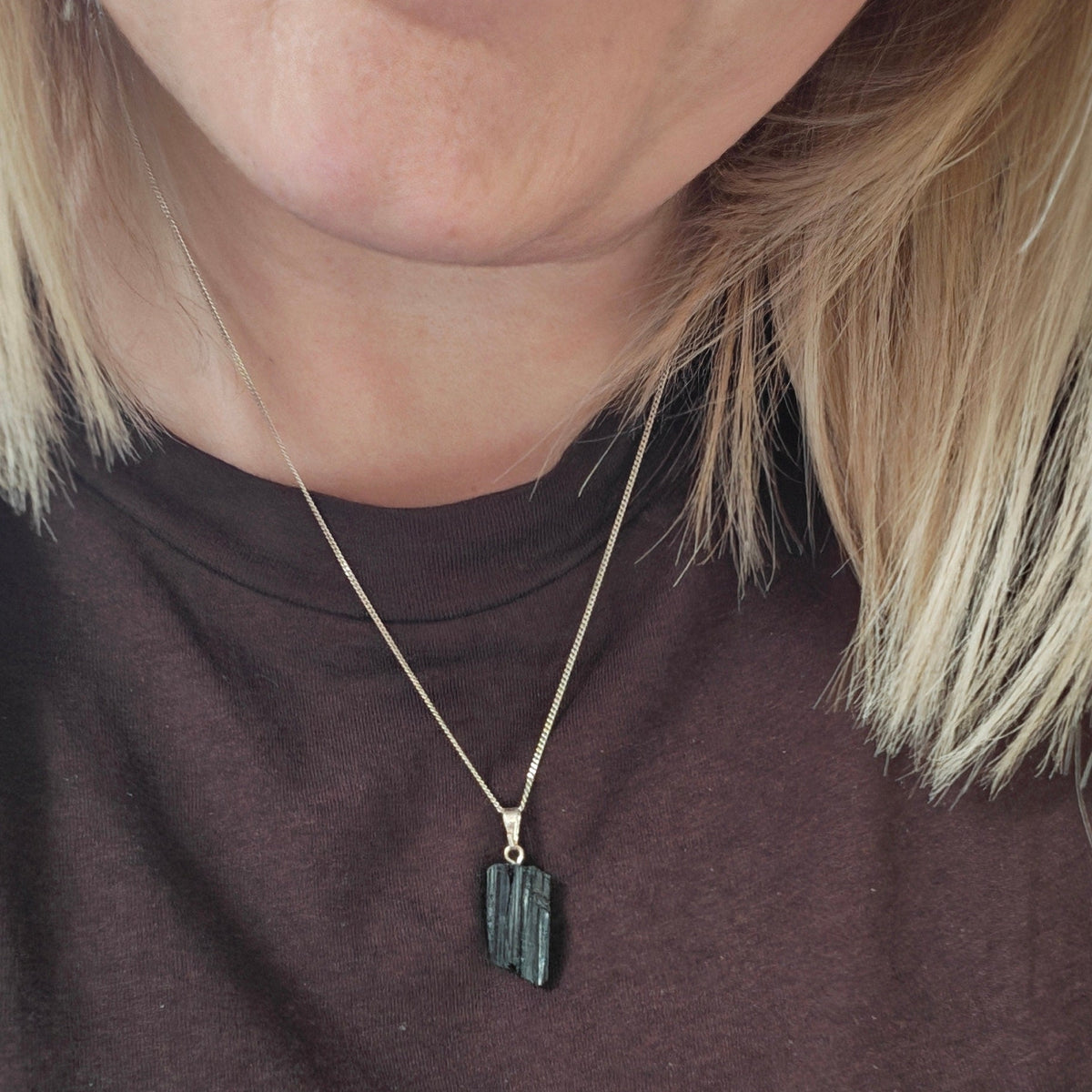 Raw Black Tourmaline Pendant – Silver Plated Chain