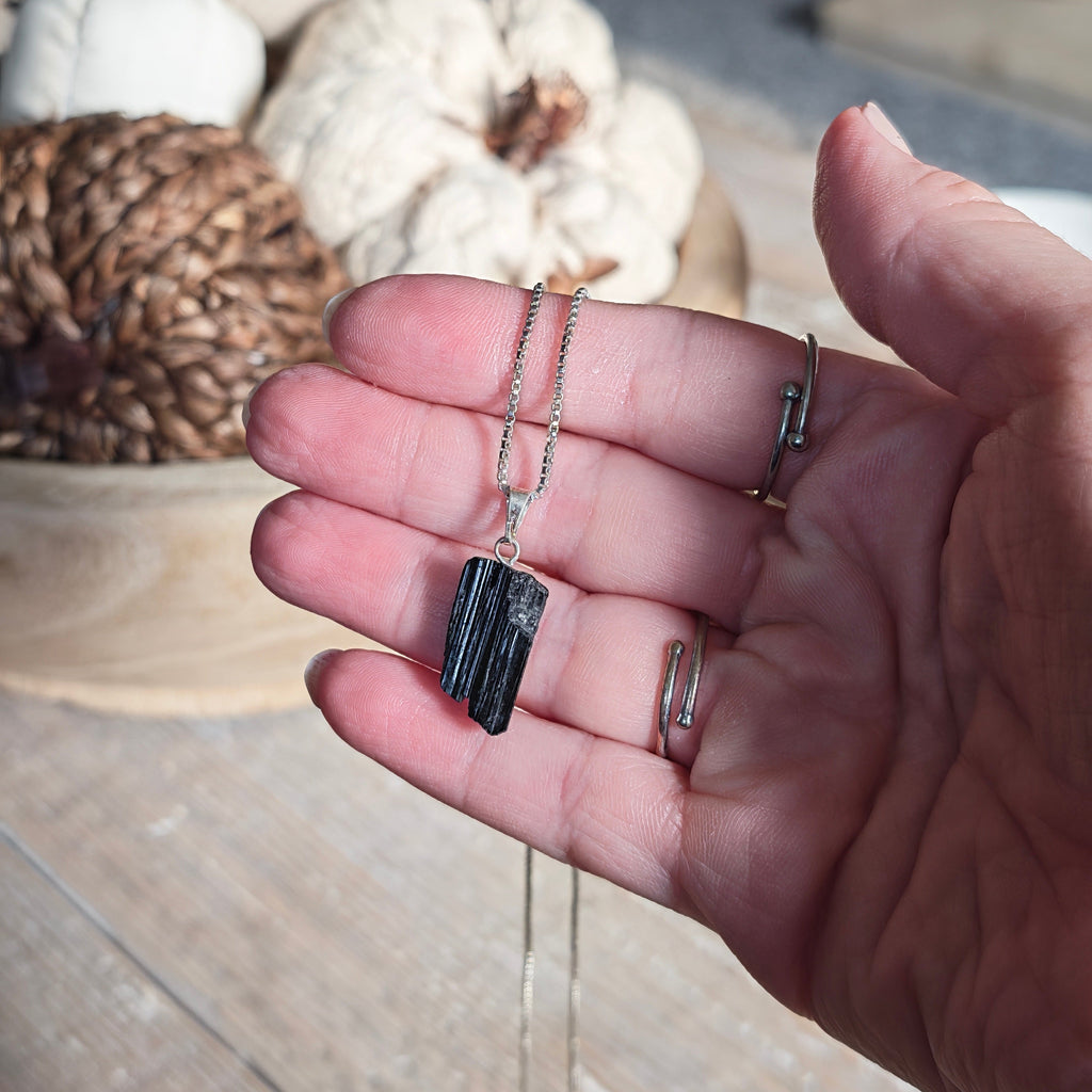 Raw Black Tourmaline Pendant – Silver Plated Chain