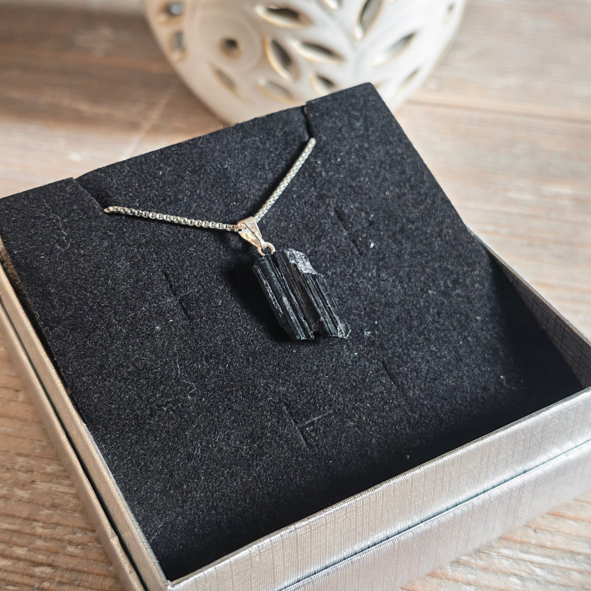 Raw Black Tourmaline Pendant – Silver Plated Chain