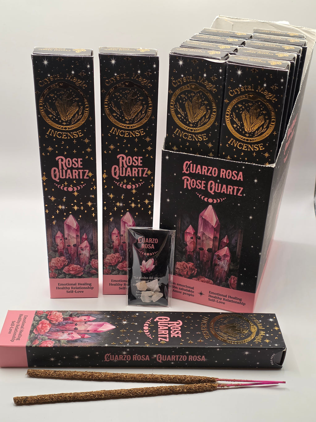 Rose quartz incense crystal magic range full set – incense sticks, mini crystals, and information card