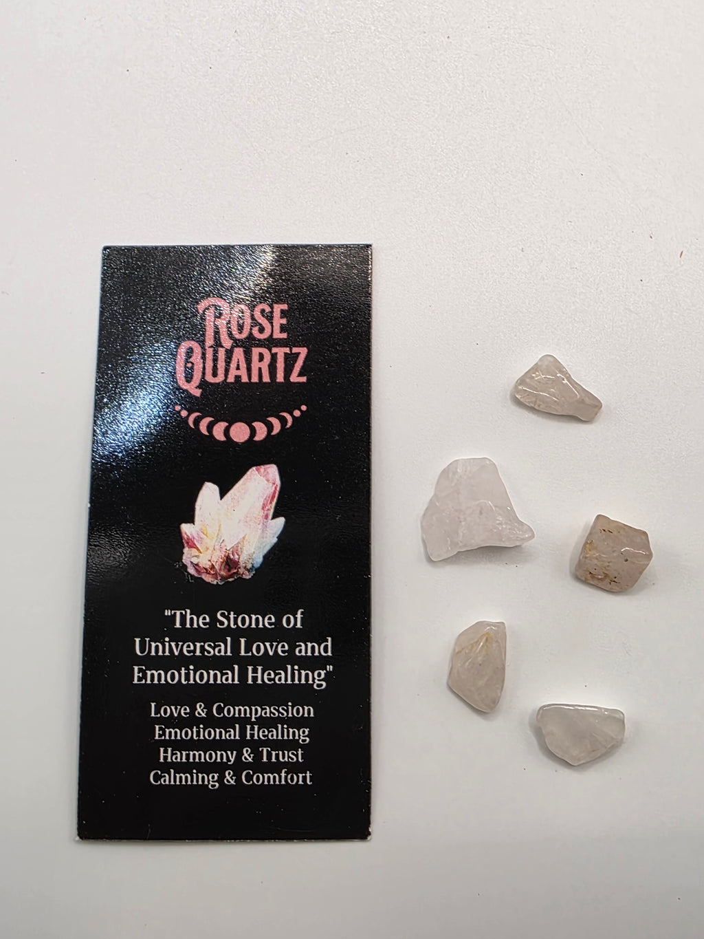 Mini rose quartz crystals and information card included with the incense – small tumbled stones for self-love and heart healing