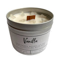 Vanilla candle in aluminium tin with clear quartz crystals and wood wick on white background