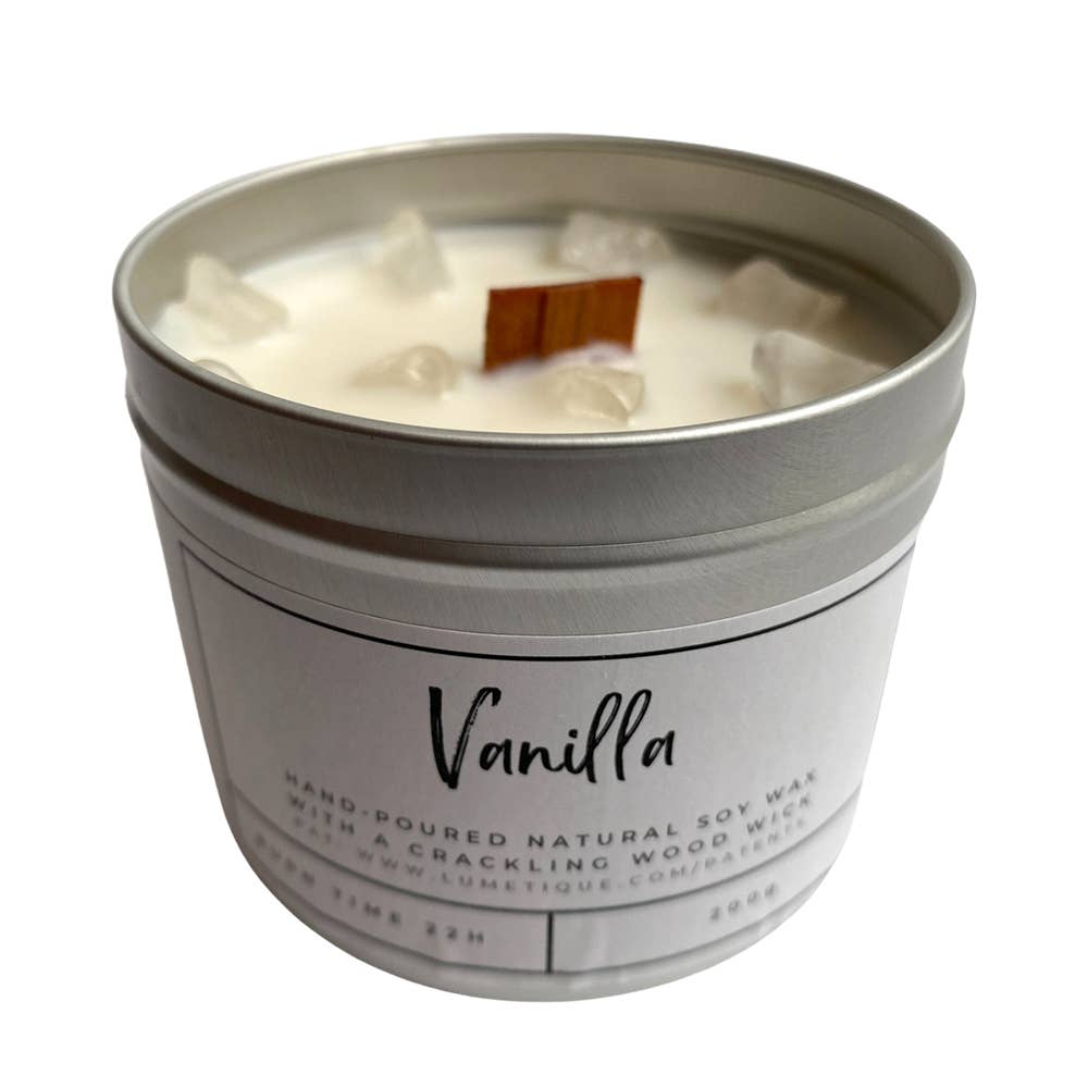 Vanilla candle in aluminium tin with clear quartz crystals and wood wick on white background